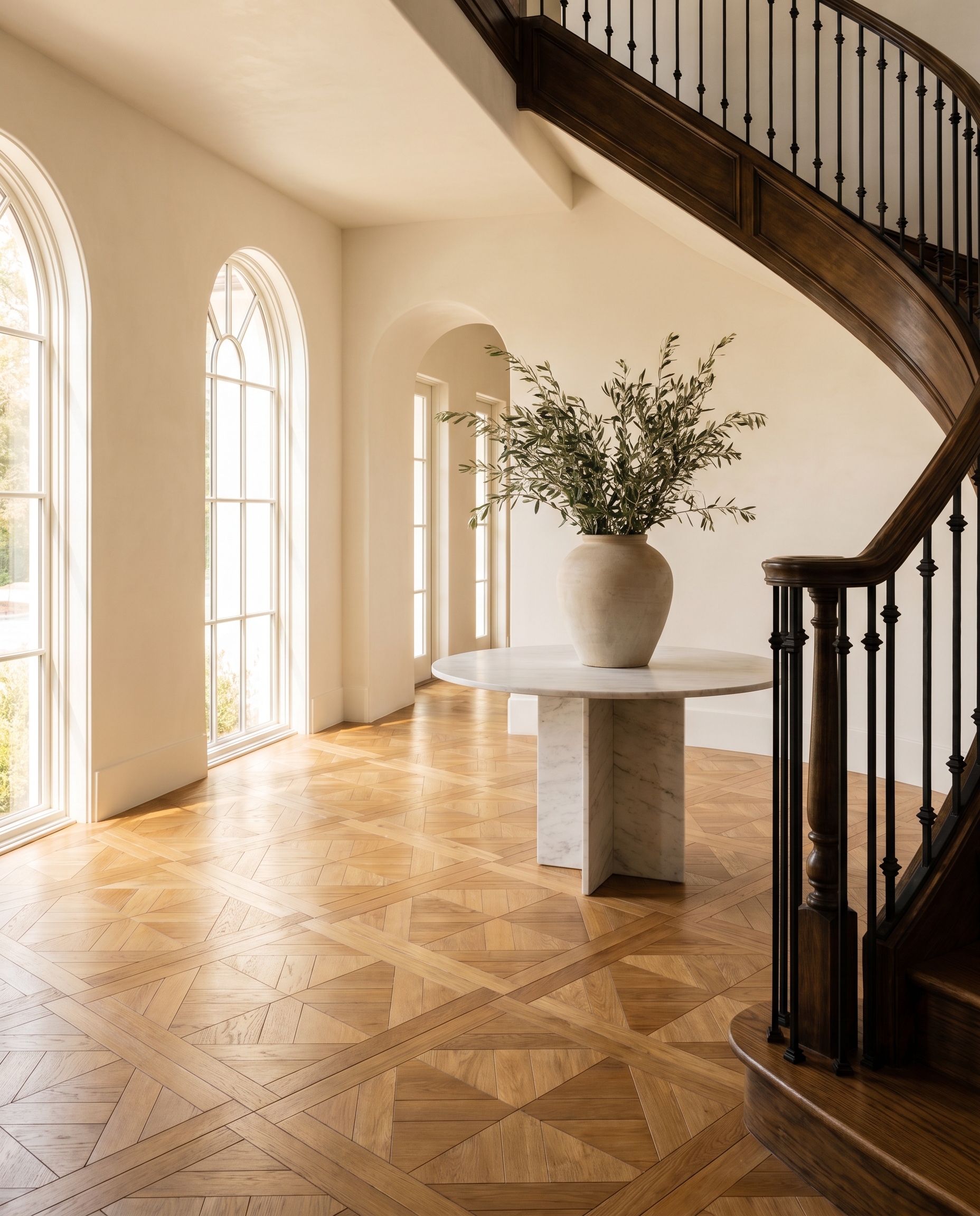 Herringbone white oak entry, designer-led project in Houston Heights
